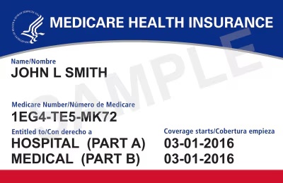 Sample red, white and blue Medicare card